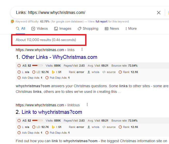 A screenshot showing the backlinks on my site - only they did the search wrong and that search is now meaningless...